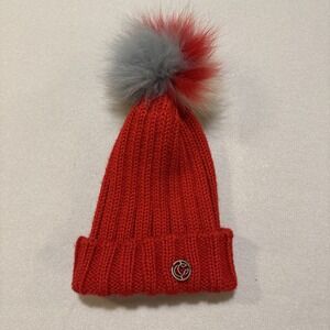 Chaos Wool Alpaca Knit Beanie Blend Faux Fur Pom-pom Red One Size